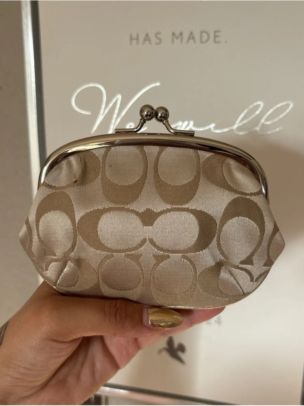 Coach Beige Signature Floral Kiss-Lock Coin Pouch